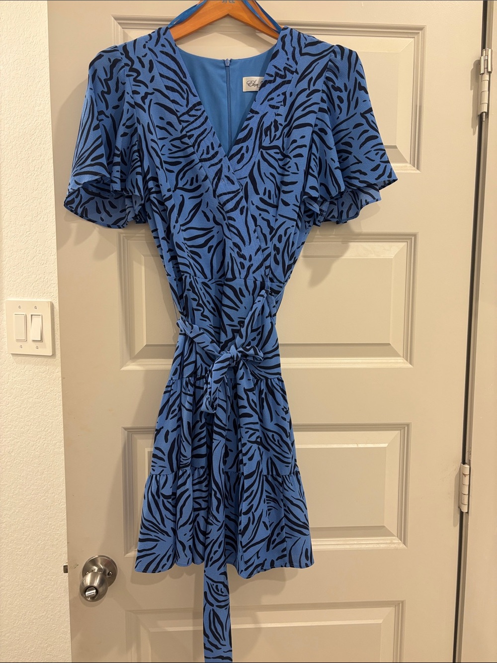 Eliza J Blue Zebra-Print Wrap Mini Dress